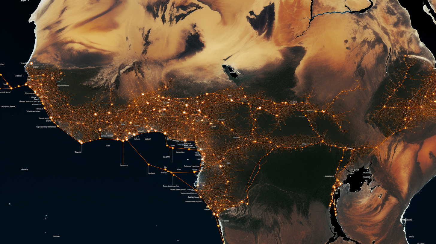 West African coast at night, roads lit orange