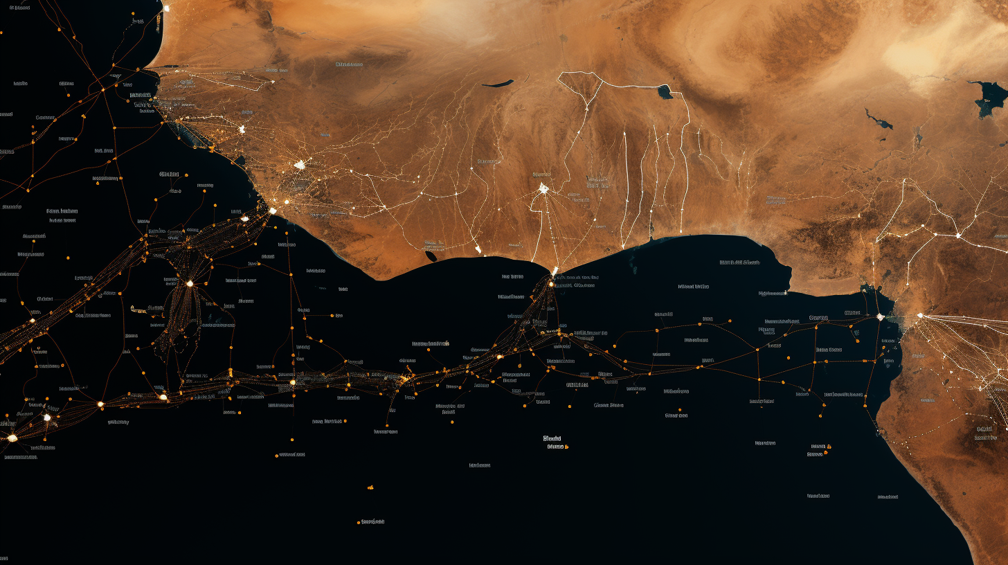 Lit route networks in orange across a dark coast