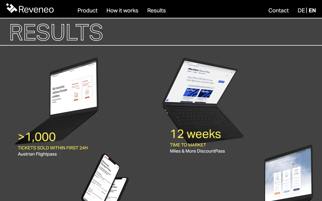 Results page: Austrian Flightpass and Miles & More Discount Pass on laptops, SWISS Discover Europe Pass on phones