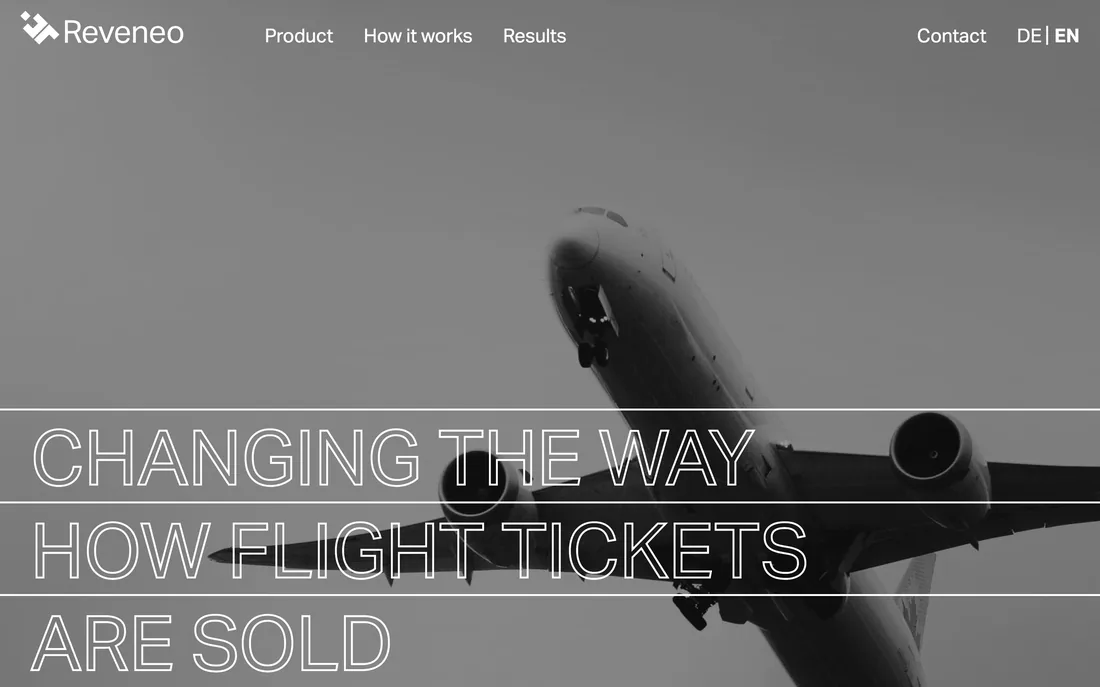 Home page: an airliner behind the stencilled headline “Changing the way how flight tickets are sold”