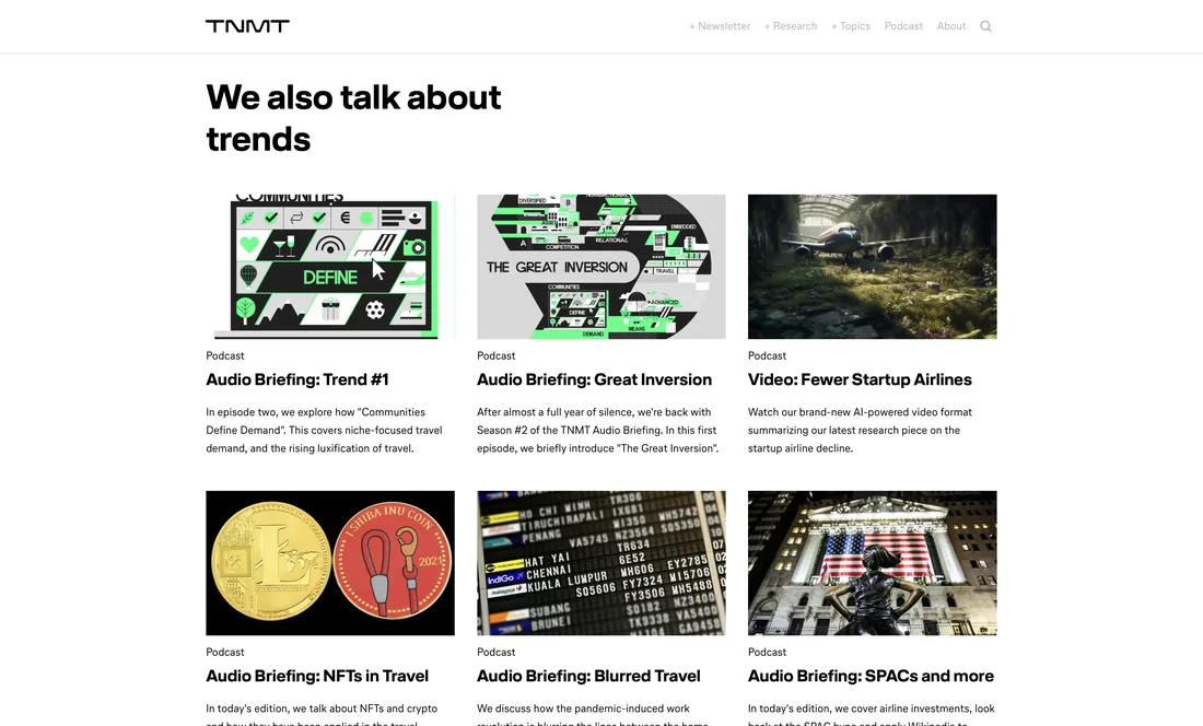 Trends page, grid of podcast cards
