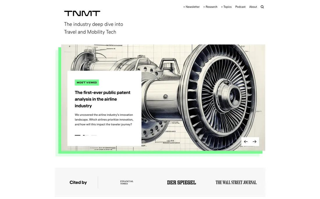 TNMT home page, jet engine drawing, green accent